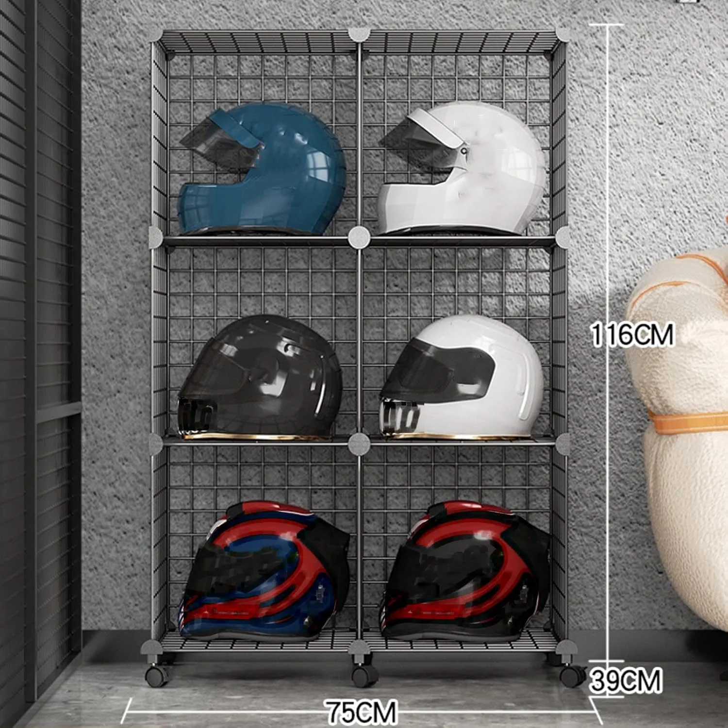 قفسه فلزی نگهداری کلاه کاسکت موتور سیکلت، کابینت نمایشگر برای کلاه های فوتبال، دوچرخه و بیسبال، نگهدارنده بزرگ کلاه برای فروشگاه یا رختکن. (مشکی - 6 خانه)