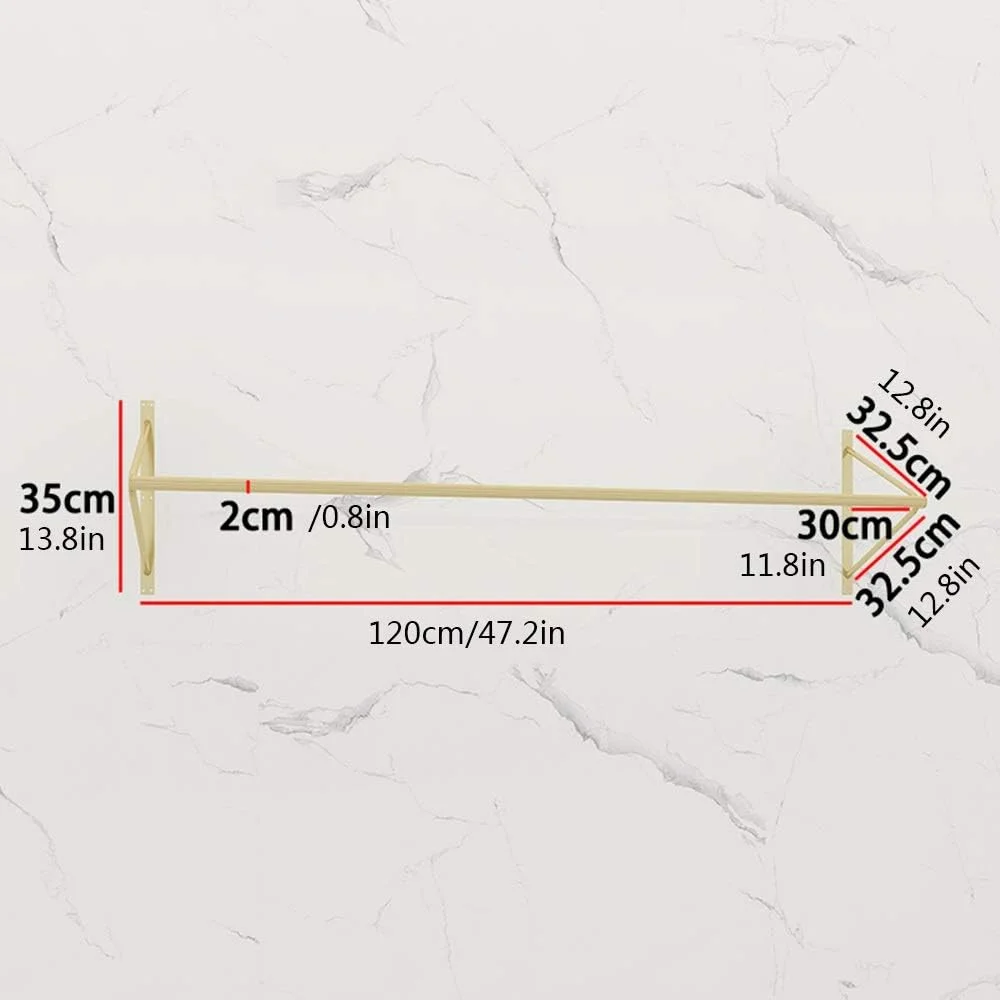 چوب لباسی دیواری فلزی مدرن، رگال لباس لوله ای صنعتی روستیک، میله لباس لوله ای صنعتی، راحت و بادوام، نصب آسان، طلایی، C-120CM/47.2in