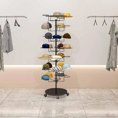 استند کلاه متحرک، استند چرخشی کلاه فروشگاهی، آویز کلاه فلزی ایستاده با چرخ برای کلاه گیس، کلاه کپ، کلاه بیسبال