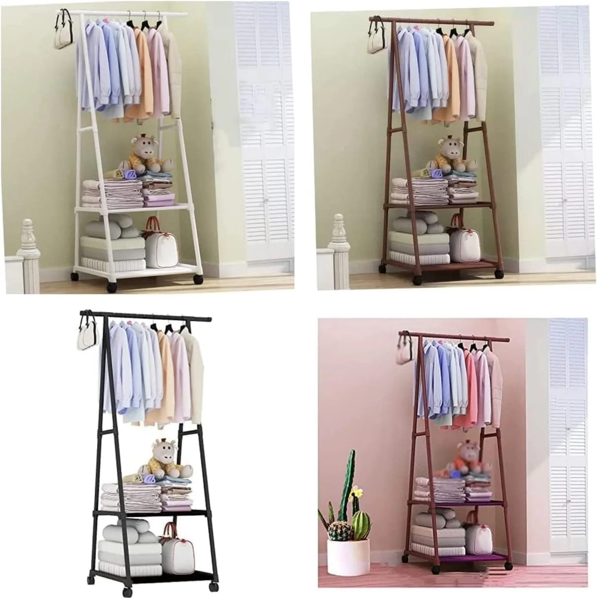 رگال لباس چند منظوره مثلثی با چرخ متحرک، مناسب اتاق خواب و آویز لباس ایستاده