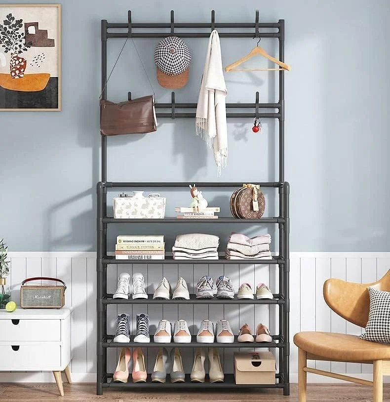 رخت آویز و جاکفشی 5 طبقه چند منظوره با قفسه و قلاب - سازمان دهنده ایده آل ورودی منزل (80 سانتی متر، مشکی) رخت آویز و جاکفشی 5 طبقه چند منظوره با قفسه و قلاب - سازمان دهنده ایده آل ورودی منزل (80 سانتی متر، مشکی)