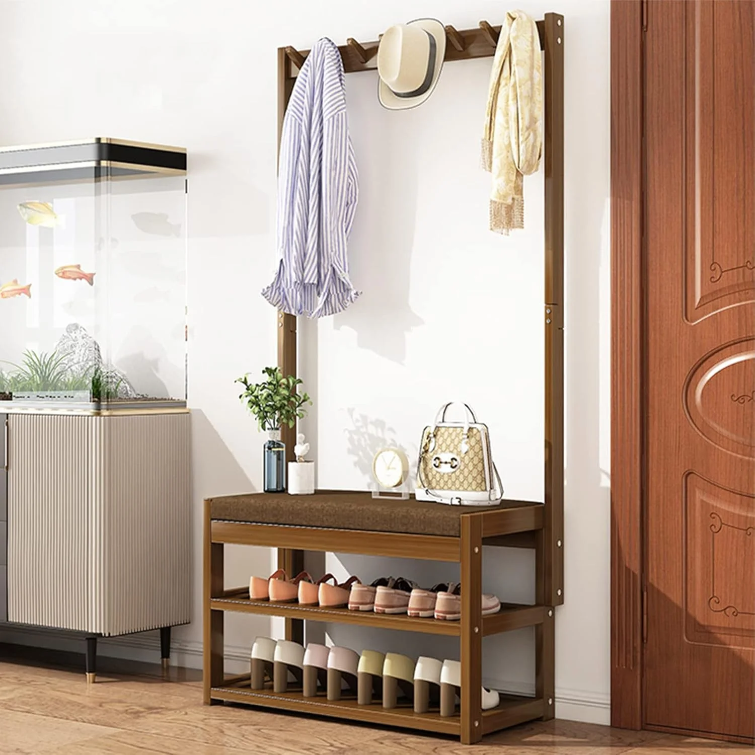 جالباسی و نیمکت جاکفشی بامبو ورودی، قفسه ذخیره سازی 3 در 1 با 6 آویز، جاکفشی 2 طبقه، نیمکت نرم برای راهرو ورودی، حمام، اتاق نشیمن