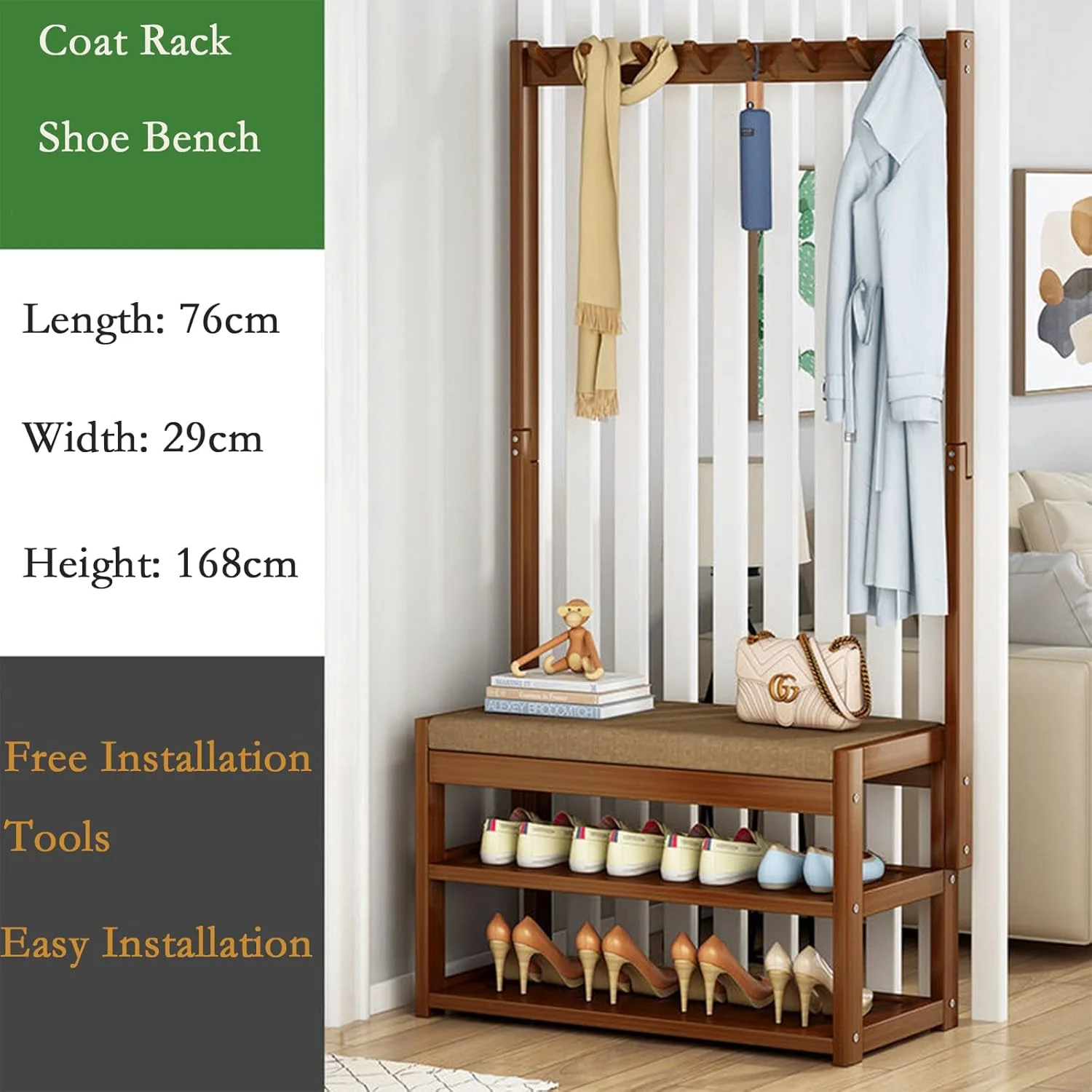 جالباسی و نیمکت جاکفشی بامبو ورودی، قفسه ذخیره سازی 3 در 1 با 6 آویز، جاکفشی 2 طبقه، نیمکت نرم برای راهرو ورودی، حمام، اتاق نشیمن