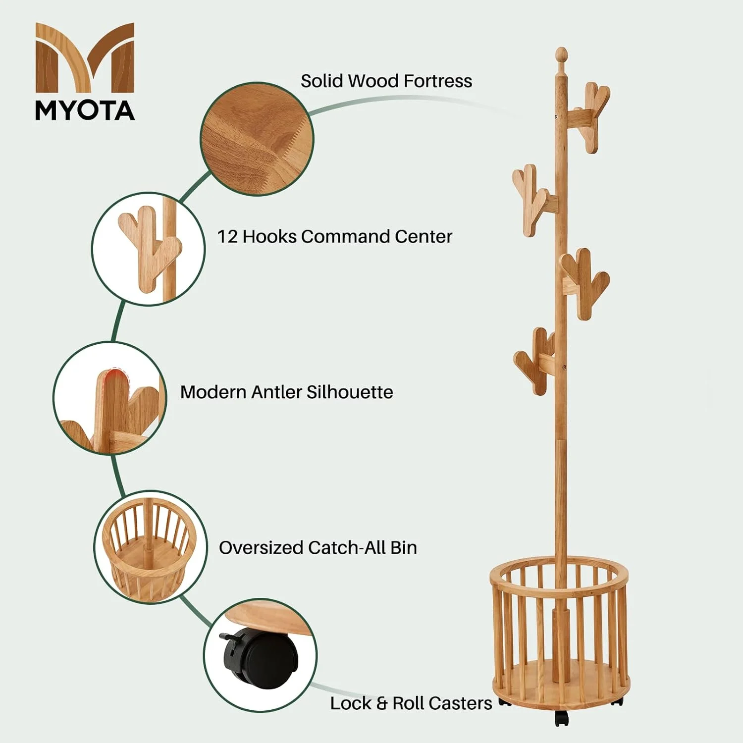 چوب لباسی ایستاده، جالباسی چوبی با 12 آویز، آویز لباس کلاه چوبی جامد با چرخ برای اتاق خواب ورودی راهرو اتاق نشیمن دفتر کار (طبیعی) چوب لباسی ایستاده، جالباسی چوبی با 12 آویز، آویز لباس کلاه چوبی جامد با چرخ برای اتاق خواب ورودی راهرو اتاق نشیمن دفتر کار (طبیعی)