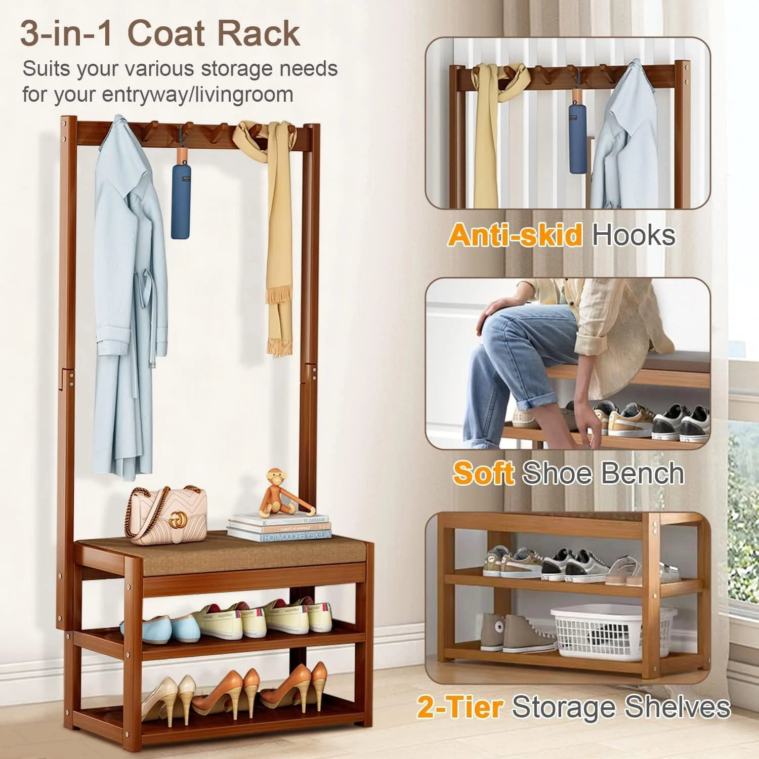 جالباسی و نیمکت جاکفشی بامبو ورودی، قفسه ذخیره سازی 3 در 1 با 6 آویز، جاکفشی 2 طبقه، نیمکت نرم برای راهرو ورودی، حمام، اتاق نشیمن