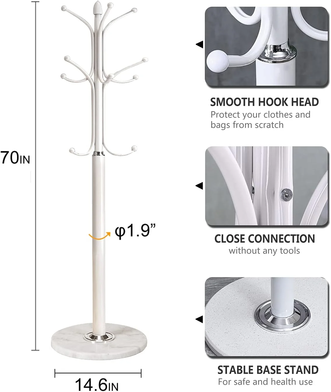 جالباسی فلزی مشکی با پایه مرمری طبیعی، آویز ایستاده با 12 قلاب برای شال، کیف، ژاکت، ورودی، آویز شیک کلاه (سفید) جالباسی فلزی مشکی با پایه مرمری طبیعی، آویز ایستاده با 12 قلاب برای شال، کیف، ژاکت، ورودی، آویز شیک کلاه (سفید)