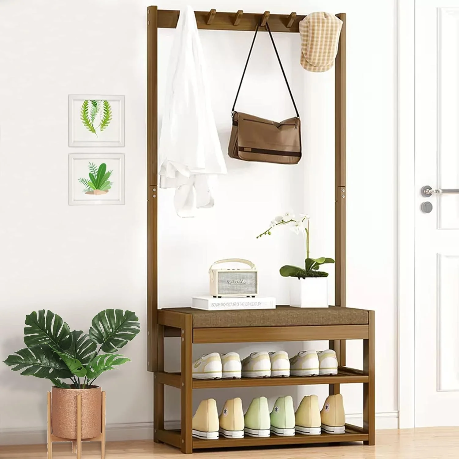 جالباسی و نیمکت جاکفشی بامبو ورودی، قفسه ذخیره سازی 3 در 1 با 6 آویز، جاکفشی 2 طبقه، نیمکت نرم برای راهرو ورودی، حمام، اتاق نشیمن