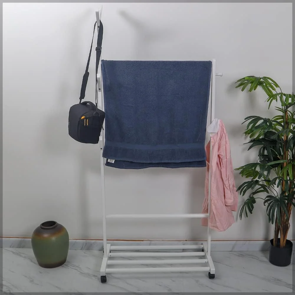 رگال لباس ایستاده YATAI، قفسه چند منظوره لباس با طبقات زیرین، رگال لباس چوبی، رگال لباس با چرخ، استند کت با قفسه کفش، رگال لباس برای دکوراسیون منزل، ورودی اتاق خواب، سفید