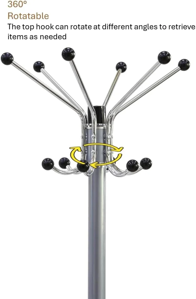 جالباسی فلزی ایستاده با پایه مرمری طبیعی، آویز لباس ایستاده با 15 قلاب برای آویزان کردن شال، کیف، ژاکت، سازمان دهنده آویز کلاه ورودی منزل مدل 8009 خاکستری