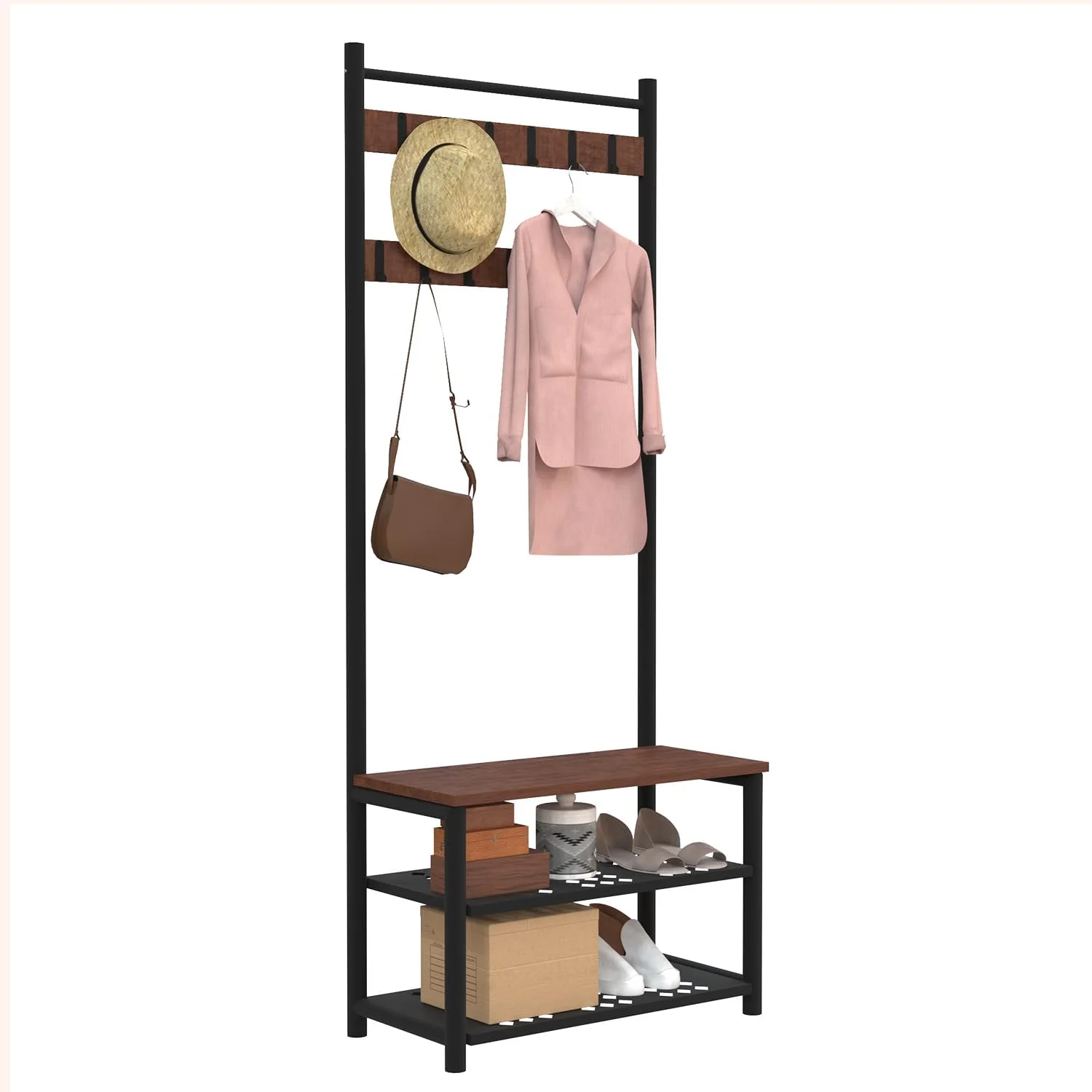 چوب لباسی چند منظوره محکم با 12 آویز و نیمکت کفش 3 طبقه | استند آویز لباس با قفسه برای اتاق خواب، اتاق نشیمن، ورودی، دفتر | قهوه ای روستیک (33D x 70W x 175H CM) چوب لباسی چند منظوره محکم با 12 آویز و نیمکت کفش 3 طبقه | استند آویز لباس با قفسه برای اتاق خواب، اتاق نشیمن، ورودی، دفتر | قهوه ای روستیک (33D x 70W x 175H CM)