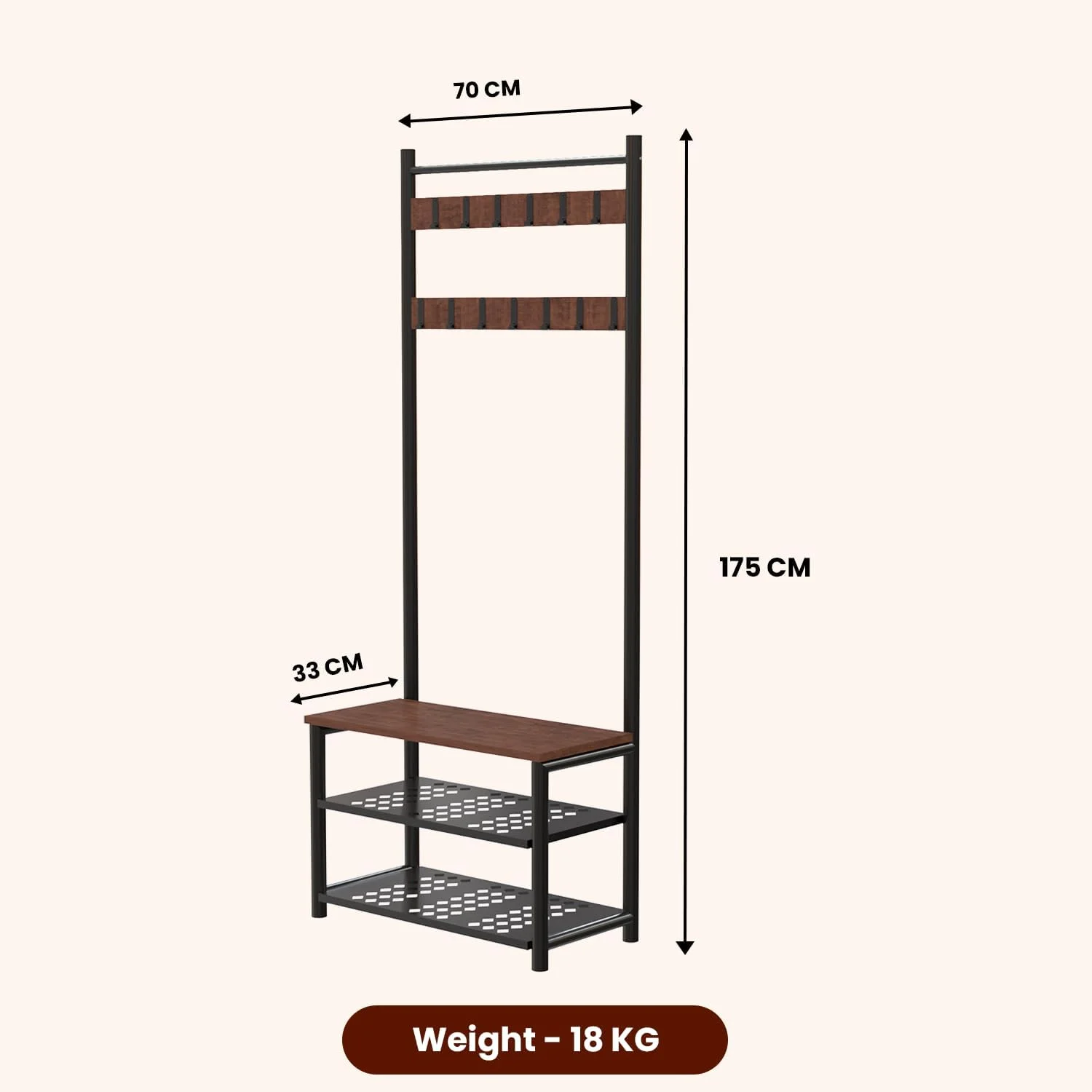 چوب لباسی چند منظوره محکم با 12 آویز و نیمکت کفش 3 طبقه | استند آویز لباس با قفسه برای اتاق خواب، اتاق نشیمن، ورودی، دفتر | قهوه ای روستیک (33D x 70W x 175H CM)