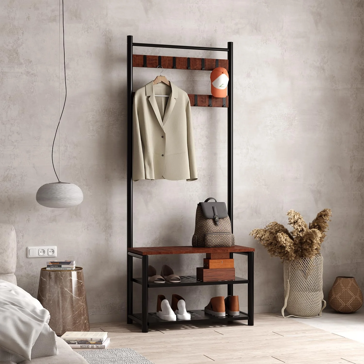 چوب لباسی چند منظوره محکم با 12 آویز و نیمکت کفش 3 طبقه | استند آویز لباس با قفسه برای اتاق خواب، اتاق نشیمن، ورودی، دفتر | قهوه ای روستیک (33D x 70W x 175H CM)