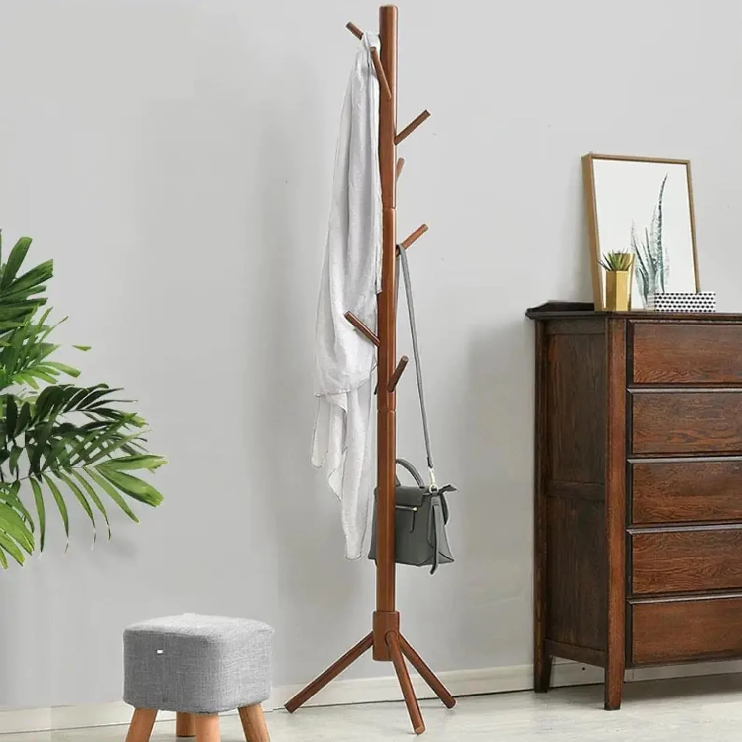 آویز لباس ایستاده چوبی درجه یک OVILINES، آویز کلاه و کیف، رخت آویز مستقل، طرح درختی، 8 قلاب و 3 پایه با ارتفاع 175 سانتی متر، ریل لباس ورودی، اتاق نشیمن، اتاق خواب، نصب آسان
