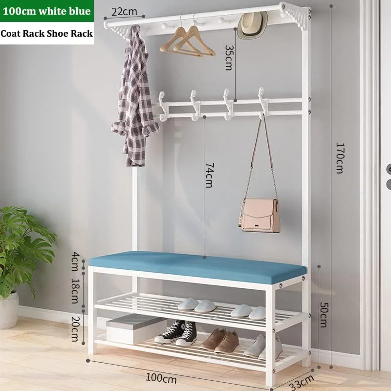 رخت آویز و نیمکت جاکفشی QA، درخت چند منظوره 4 در 1، نیمکت ورودی با فضای ذخیره سازی، رخت آویز فلزی با 10 قلاب، قفسه بالایی، برای ورودی اتاق نشیمن اتاق خواب (X-036-سفید+آبی)