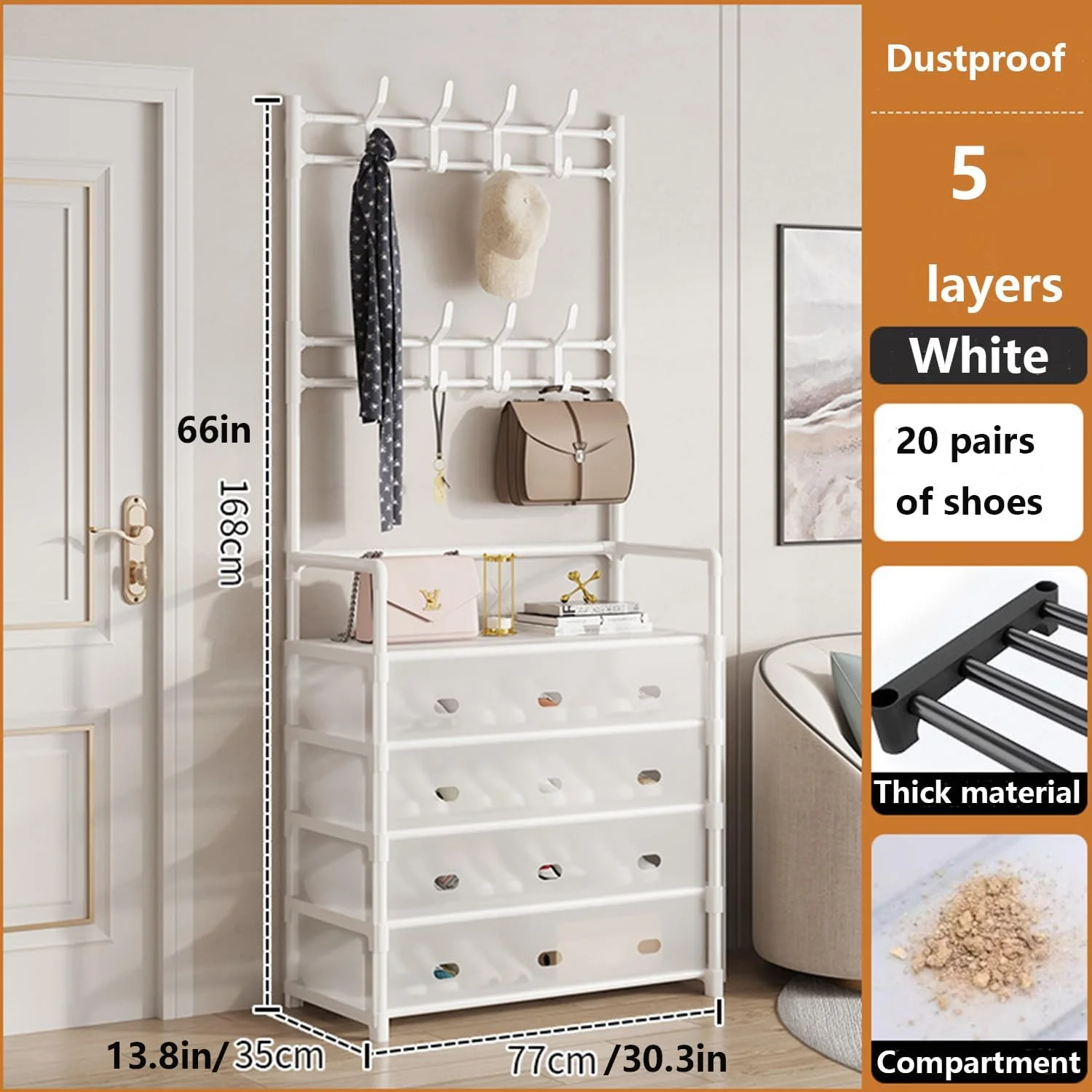 جالباسی و جاکفشی 3 در 1، قفسه چند لایه ضد گرد و غبار برای نگهداری کفش در منزل، جالباسی ایستاده با قفسه کفش و قلاب برای ورودی، اتاق خواب، اتاق نشیمن (رخت آویز) جالباسی و جاکفشی 3 در 1، قفسه چند لایه ضد گرد و غبار برای نگهداری کفش در منزل، جالباسی ایستاده با قفسه کفش و قلاب برای ورودی، اتاق خواب، اتاق نشیمن (رخت آویز)