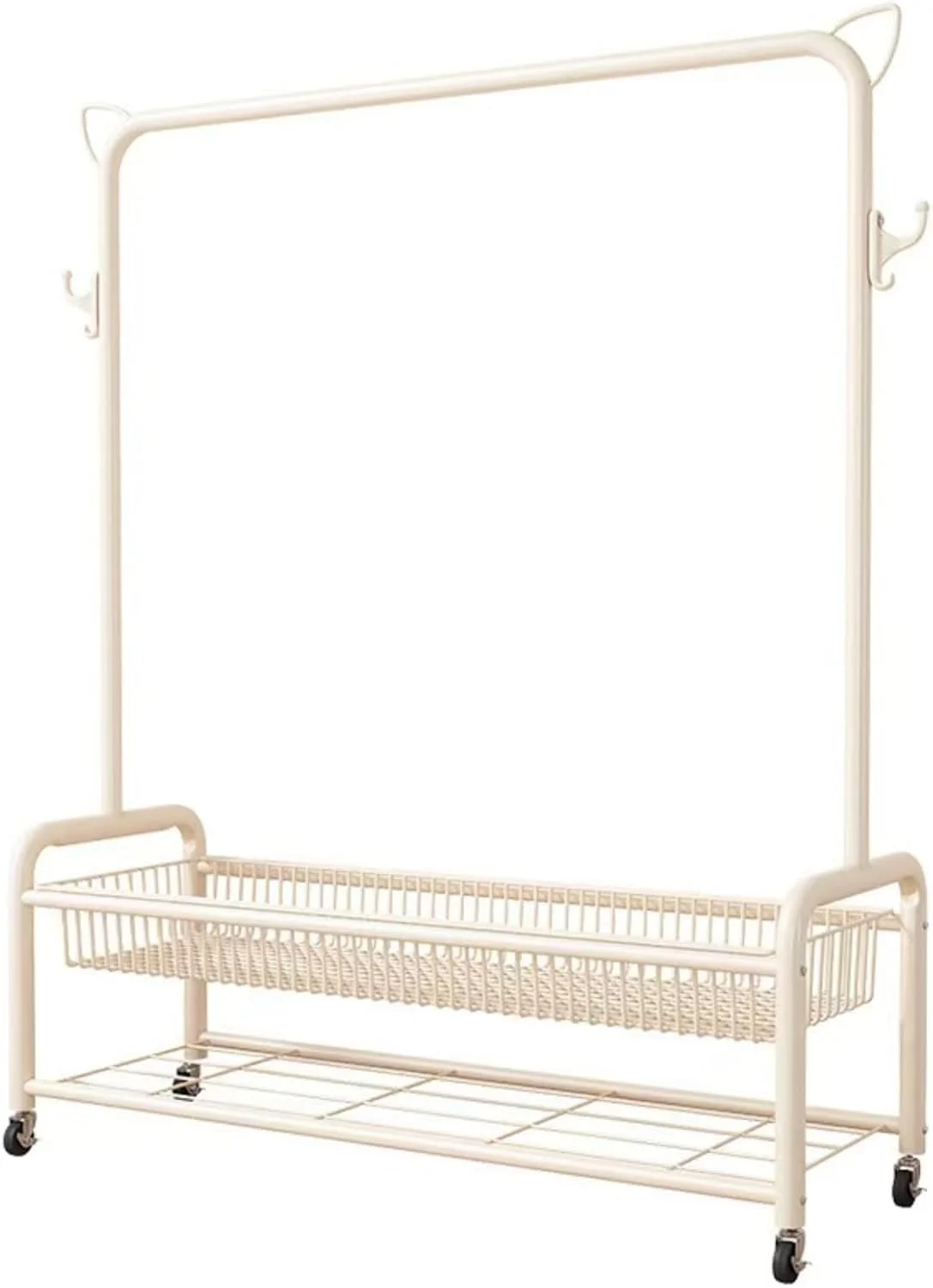 رگال لباس چرخ دار با سبد ذخیره سازی، استند لباس فلزی با چرخ، قاب فلزی محکم، میله قابل تنظیم، طراحی صرفه جویی در فضا، رگال لباس سفید رگال لباس چرخ دار با سبد ذخیره سازی، استند لباس فلزی با چرخ، قاب فلزی محکم، میله قابل تنظیم، طراحی صرفه جویی در فضا، رگال لباس سفید