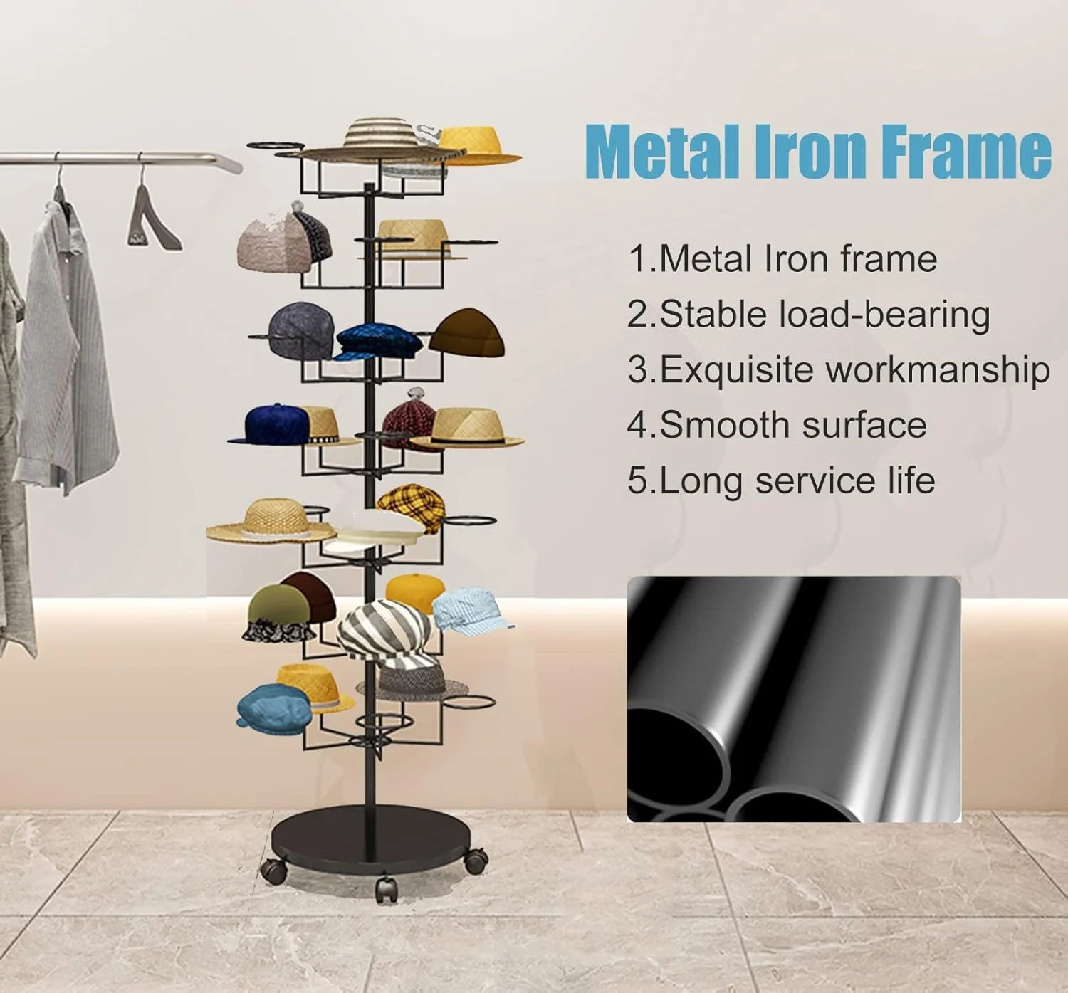 استند کلاه چرخشی - قفسه فلزی 6 طبقه ایستاده برای کلاه‌های کابویی، کلاه‌گیس و مجموعه کلاه - درخت فلزی مدرن و بادوام برای خانه و فروشگاه (مشکی - 5 طبقه)