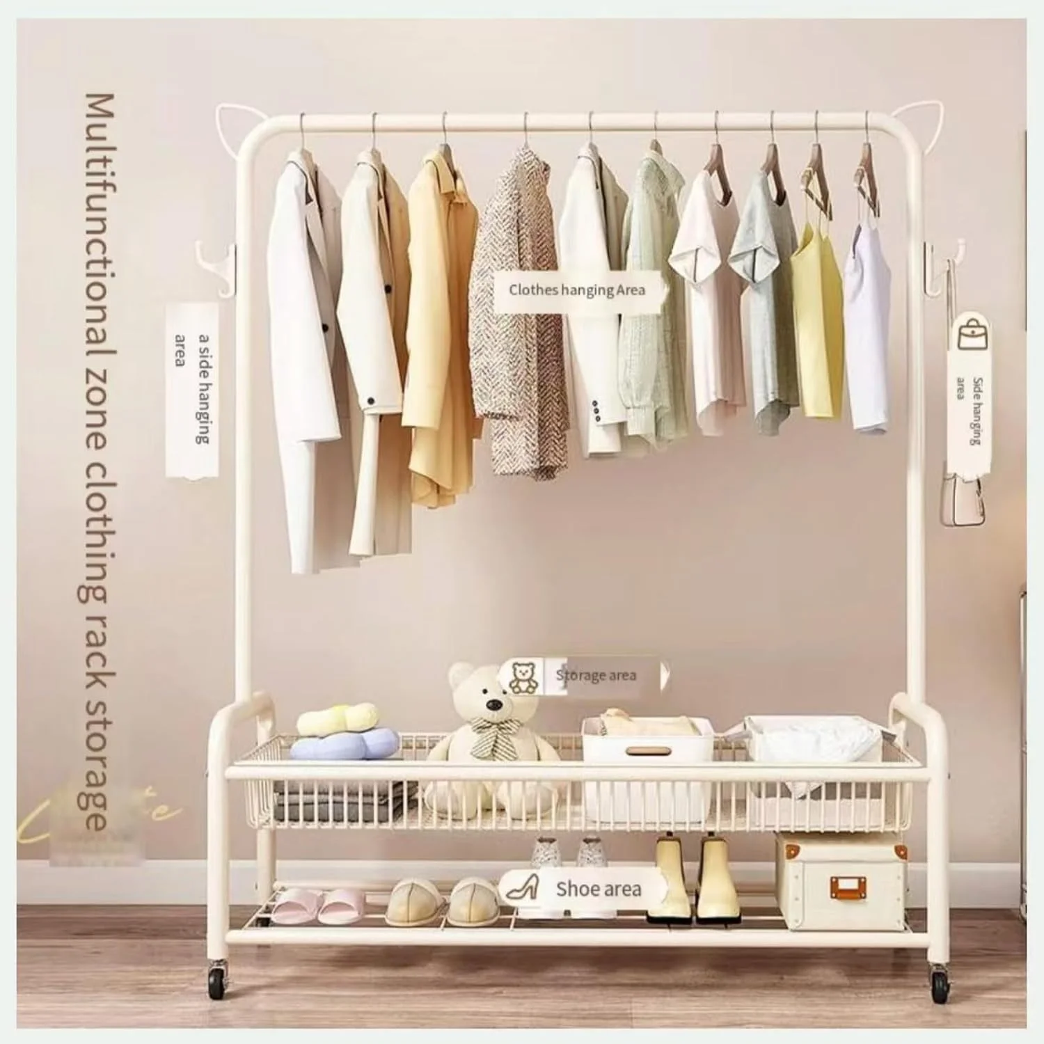 رگال لباس چرخ دار با سبد ذخیره سازی، استند لباس فلزی با چرخ، قاب فلزی محکم، میله قابل تنظیم، طراحی صرفه جویی در فضا، رگال لباس سفید