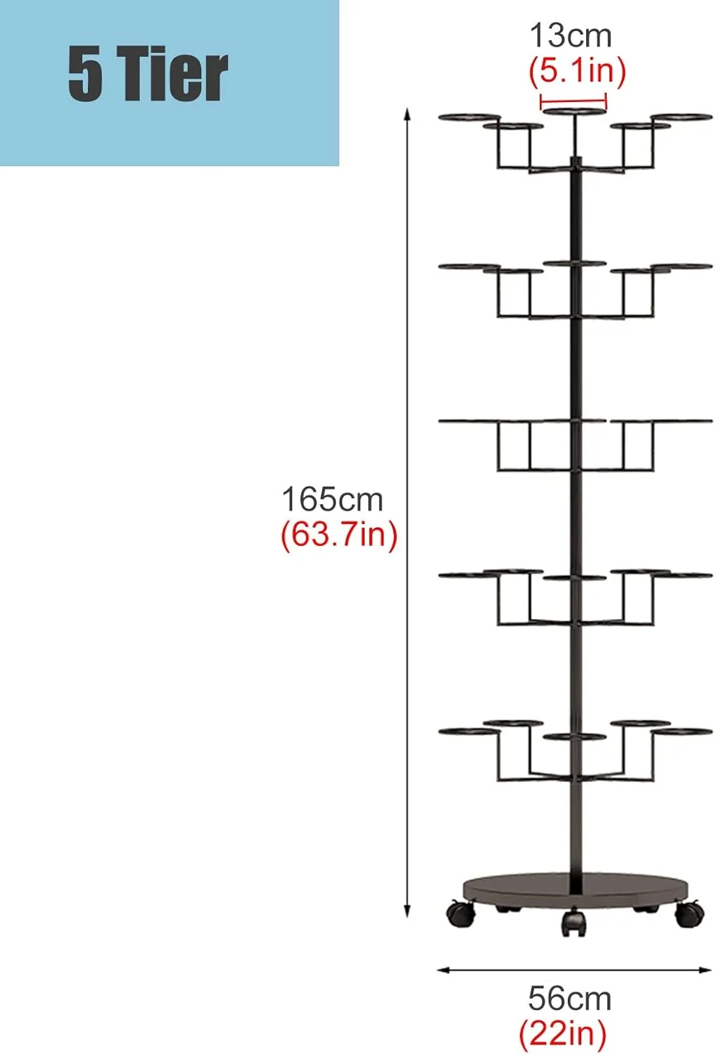 استند کلاه چرخشی - قفسه فلزی 6 طبقه ایستاده برای کلاه‌های کابویی، کلاه‌گیس و مجموعه کلاه - درخت فلزی مدرن و بادوام برای خانه و فروشگاه (مشکی - 5 طبقه)
