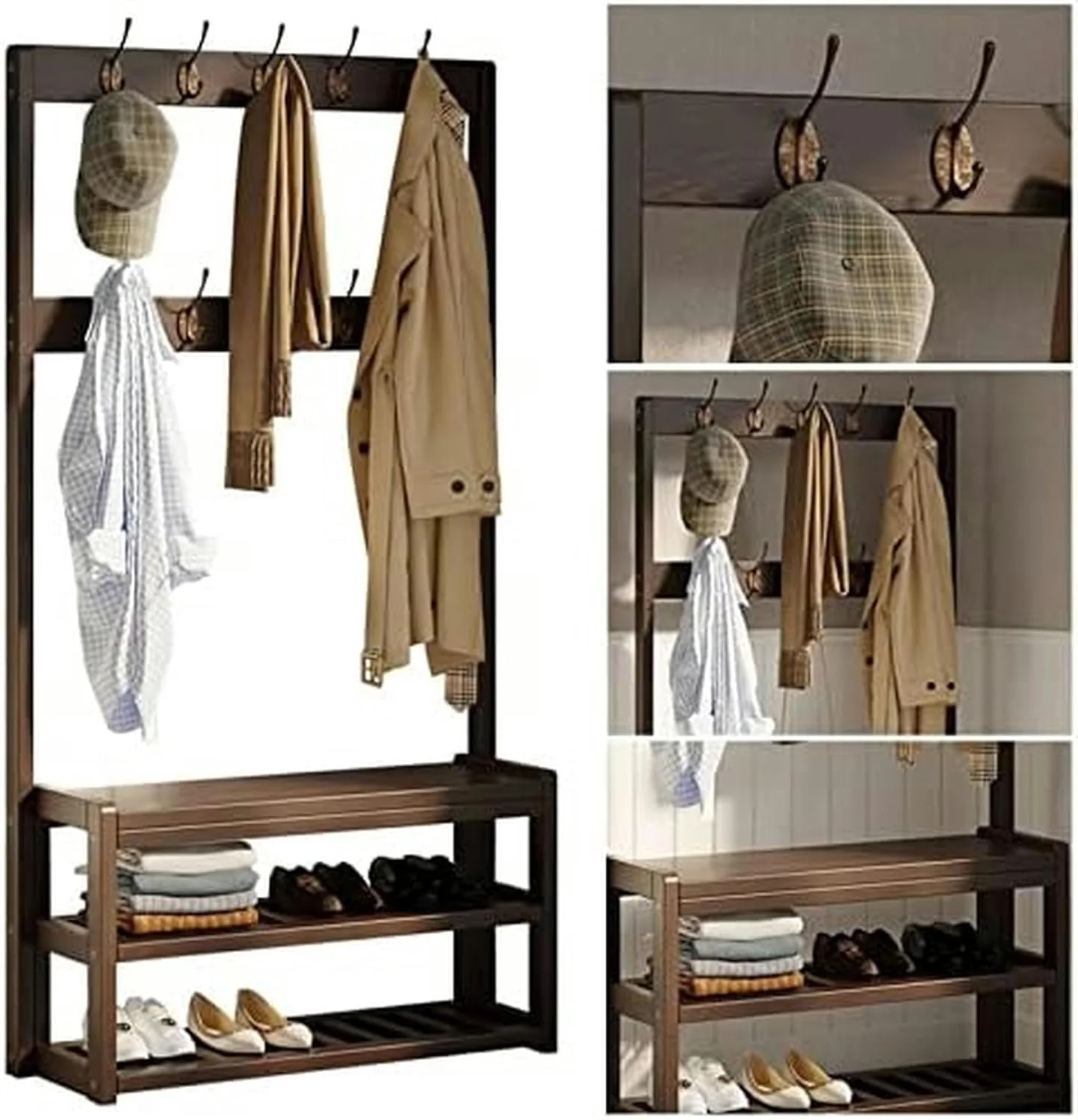 رخت آویز، رخت آویز چوبی با 10 قلاب جداشدنی و جاکفشی با صندلی، مونتاژ آسان 100X30X170 سانتی متر (قهوه ای وینتیج - 80X30X170 سانتی متر) رخت آویز، رخت آویز چوبی با 10 قلاب جداشدنی و جاکفشی با صندلی، مونتاژ آسان 100X30X170 سانتی متر (قهوه ای وینتیج - 80X30X170 سانتی متر)