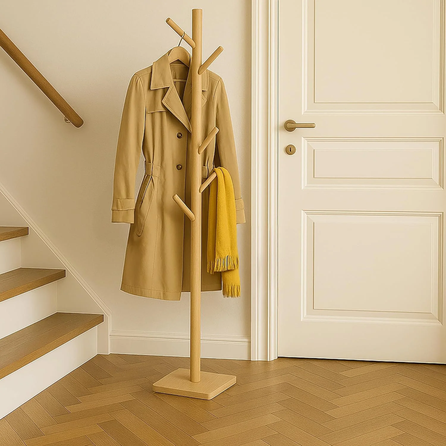 جالباسی ایستاده طرح درخت Relaxdays، ابعاد 177x30x30 سانتی متر، 8 آویز، سه ارتفاع مختلف، چوب رابر و MDF، رنگ طبیعی