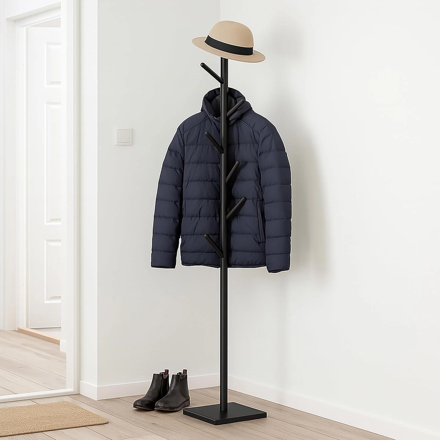 جالباسی ایستاده طرح درخت Relaxdays، ابعاد 177x30x30 سانتی متر، 8 آویز، سه ارتفاع مختلف، چوب رابر و MDF، رنگ طبیعی