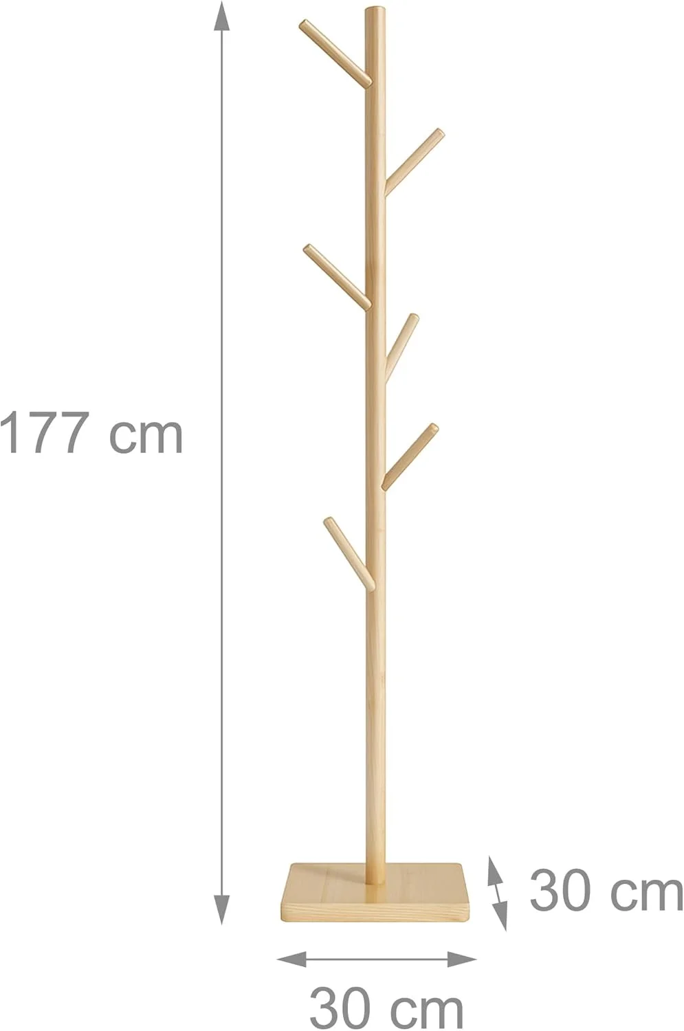 جالباسی ایستاده طرح درخت Relaxdays، ابعاد 177x30x30 سانتی متر، 8 آویز، سه ارتفاع مختلف، چوب رابر و MDF، رنگ طبیعی