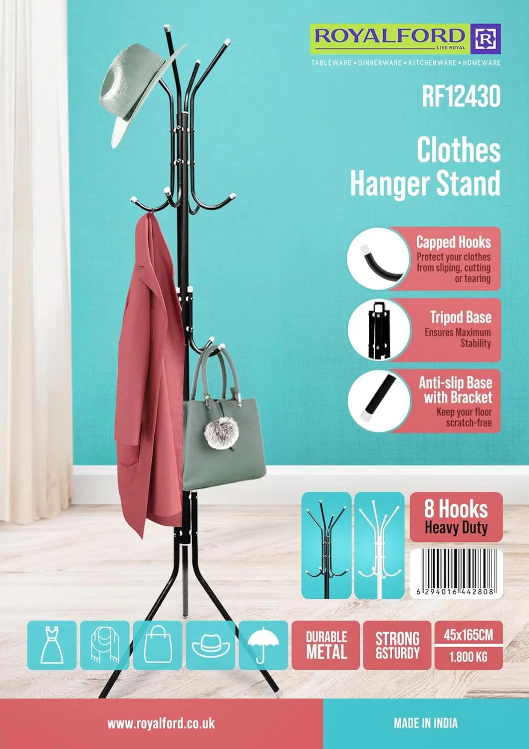 جالباسی ایستاده رویال فورد مدل RF12430، جالباسی فلزی با 8 آویز برای کت، کیف، شال و چتر، رنگ مشکی