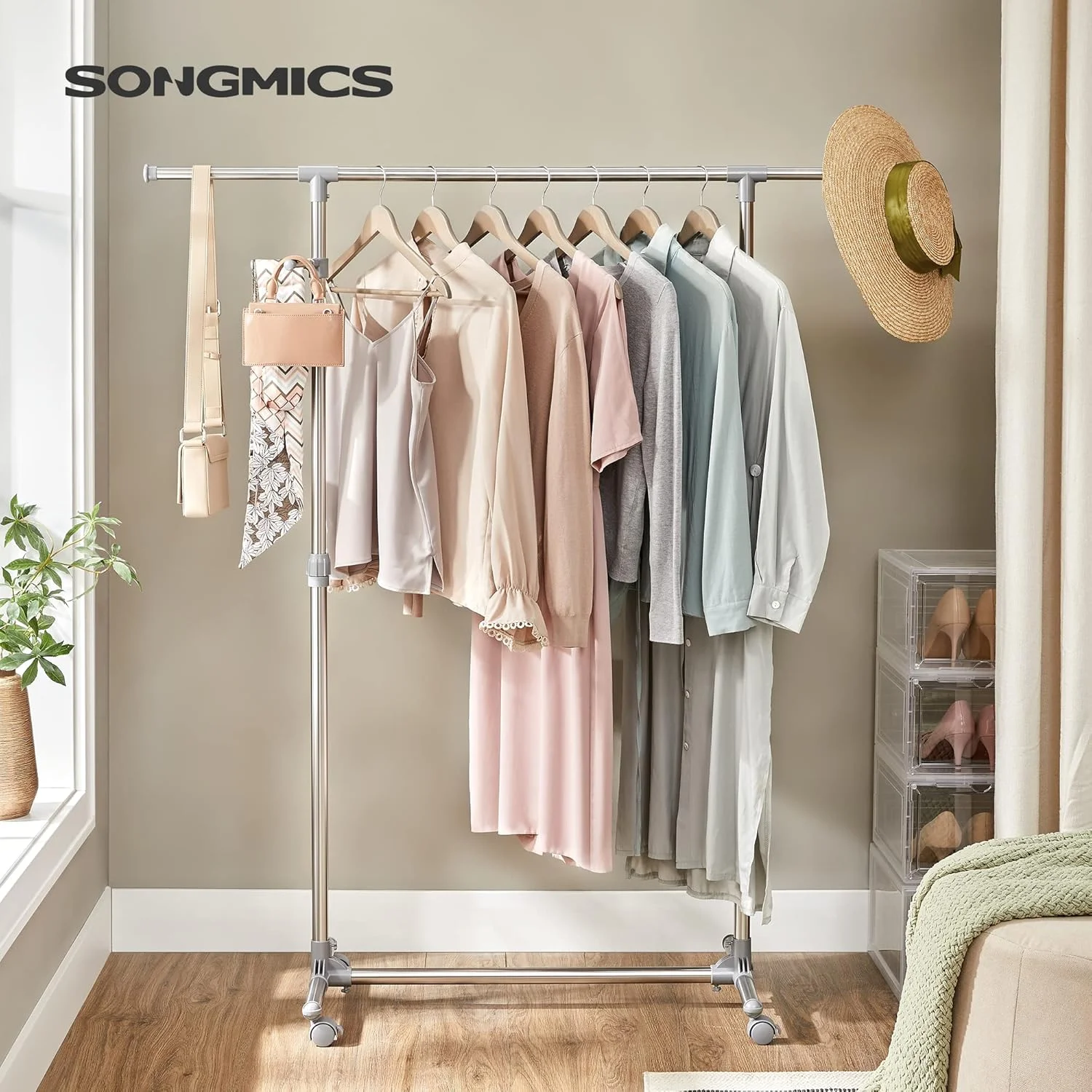 رگال لباس قابل تنظیم SONGMICS، ریل آویز کت، استند لباس با چرخ، لوله روکش شده از جنس استنلس استیل، قلاب کت اضافی، خاکستری Llr01G، (87-150) x 44 x (97-165) سانتی متر