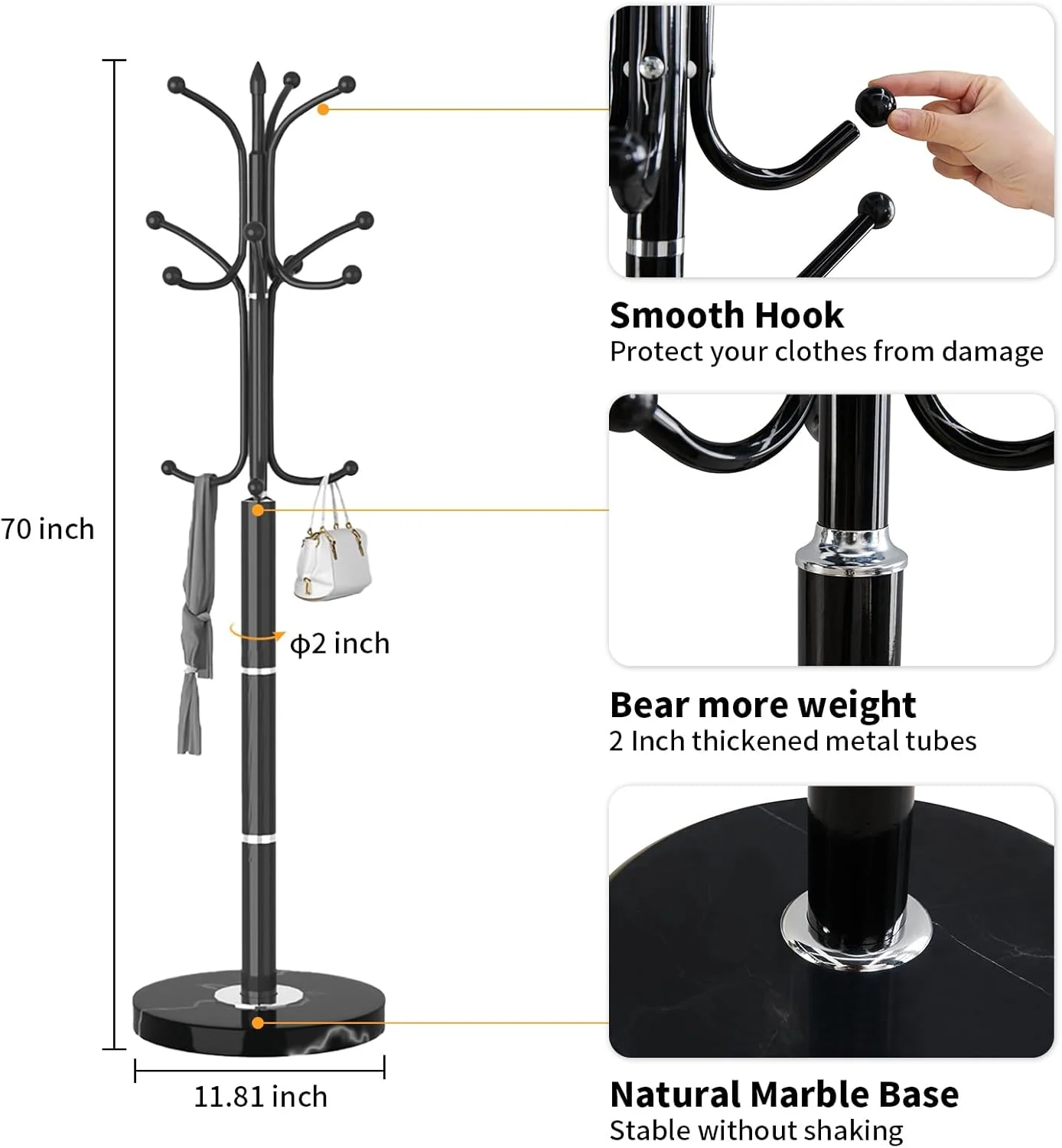 جالباسی فلزی ایستاده با پایه مرمر طبیعی، جالباسی محکم با 8 آویز، آویز کلاه برای ورودی، راهرو، اتاق خواب، مشکی (12 آویز) جالباسی فلزی ایستاده با پایه مرمر طبیعی، جالباسی محکم با 8 آویز، آویز کلاه برای ورودی، راهرو، اتاق خواب، مشکی (12 آویز)