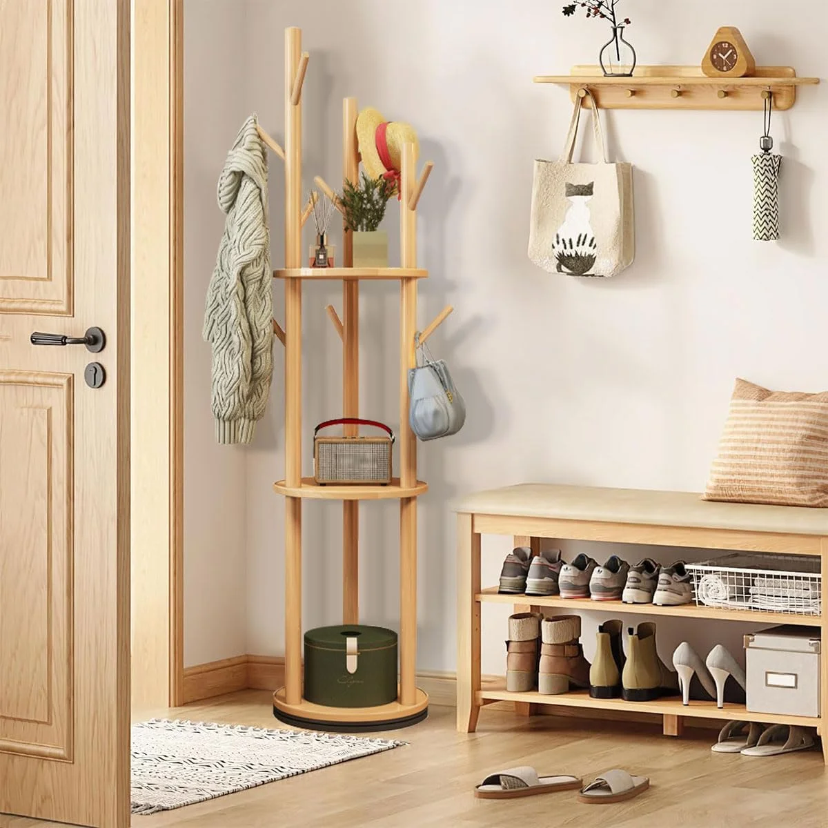 رخت آویز چرخشی، رخت آویز ایستاده با 3 طبقه و 9 قلاب، درخت لباس، پایه رخت آویز محکم و با مونتاژ آسان برای ورودی (طبیعی، 40 x 40 x 165 سانتی متر)