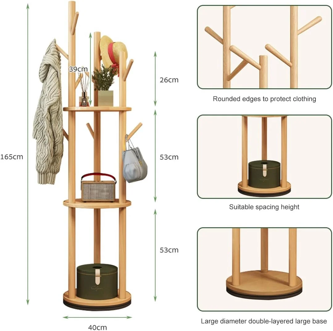 رخت آویز چرخشی، رخت آویز ایستاده با 3 طبقه و 9 قلاب، درخت لباس، پایه رخت آویز محکم و با مونتاژ آسان برای ورودی (طبیعی، 40 x 40 x 165 سانتی متر)