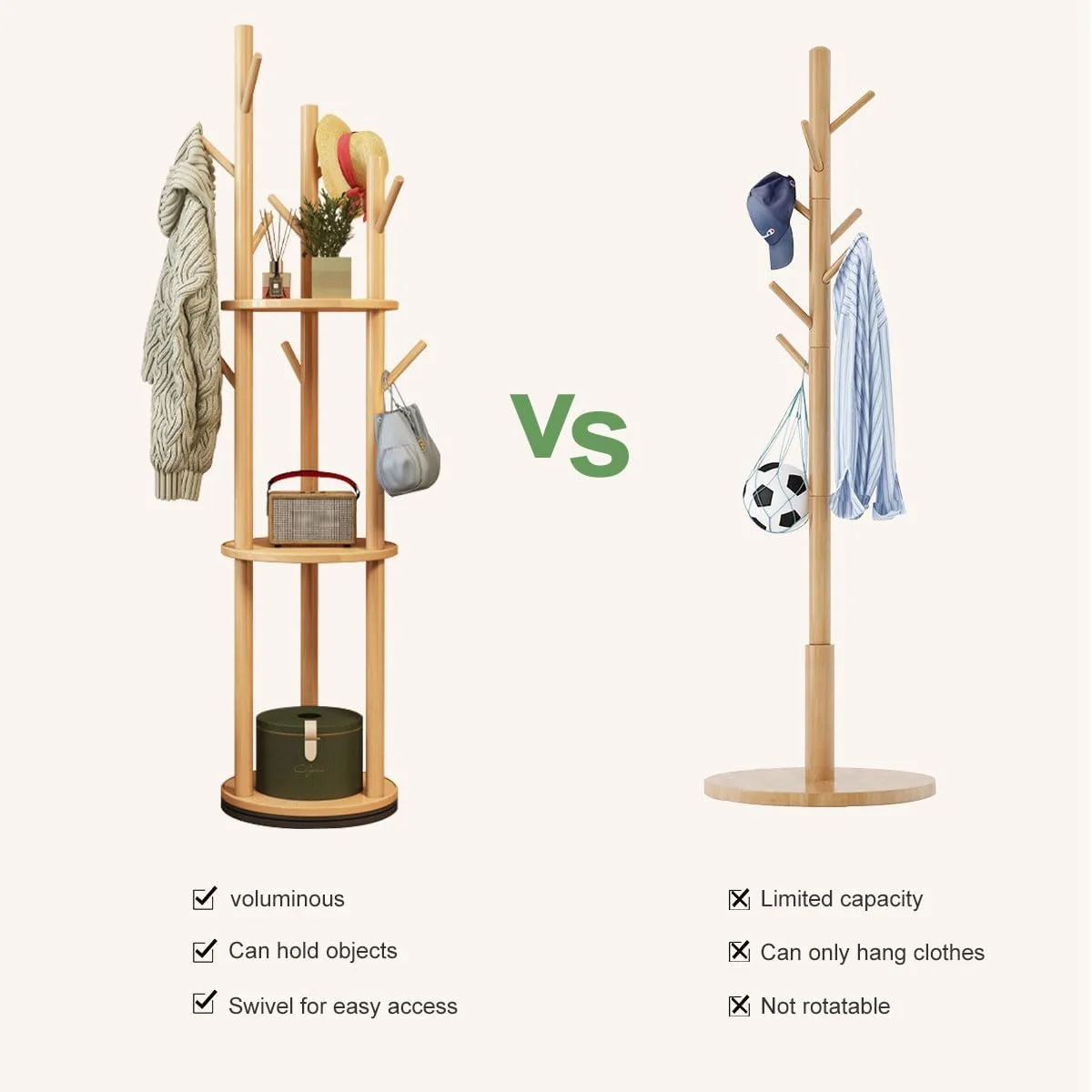 رخت آویز چرخشی، رخت آویز ایستاده با 3 طبقه و 9 قلاب، درخت لباس، پایه رخت آویز محکم و با مونتاژ آسان برای ورودی (طبیعی، 40 x 40 x 165 سانتی متر)