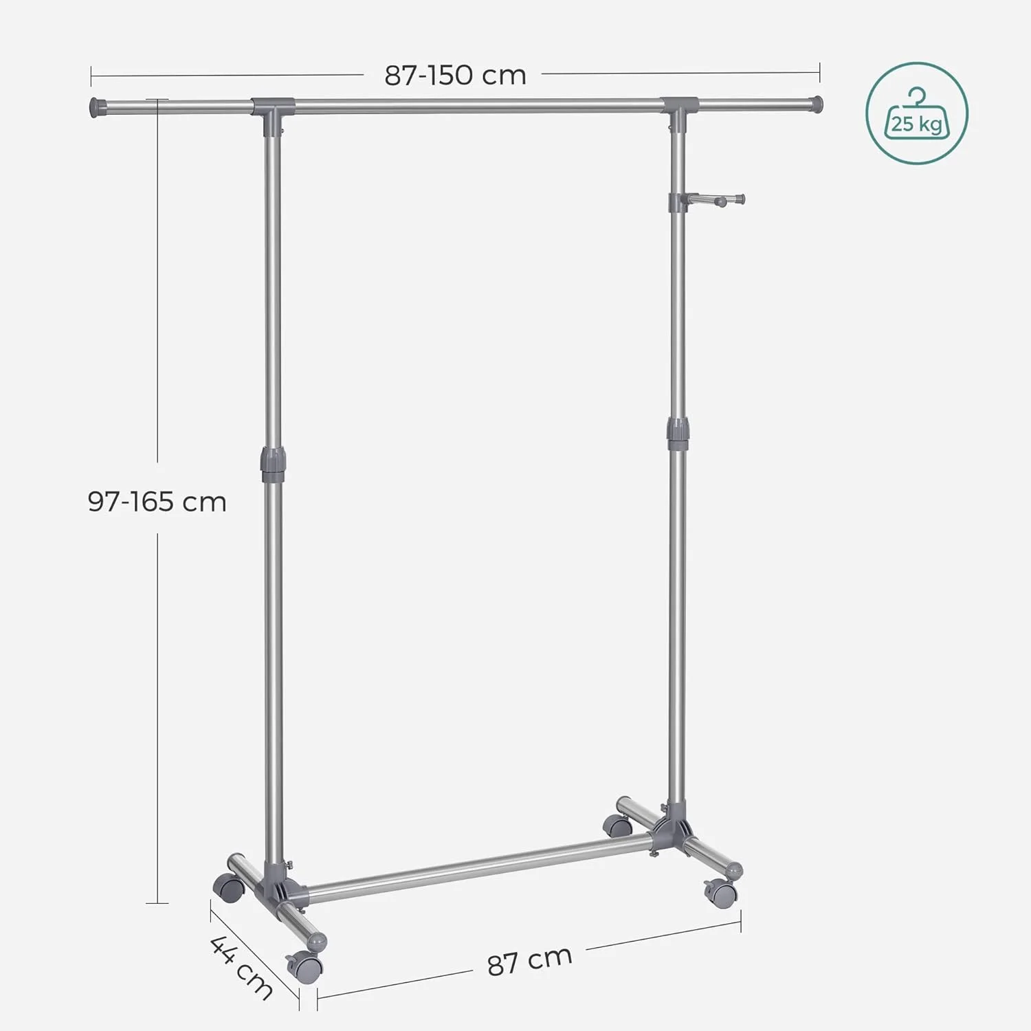 رگال لباس قابل تنظیم SONGMICS، ریل آویز کت، استند لباس با چرخ، لوله روکش شده از جنس استنلس استیل، قلاب کت اضافی، خاکستری Llr01G، (87-150) x 44 x (97-165) سانتی متر