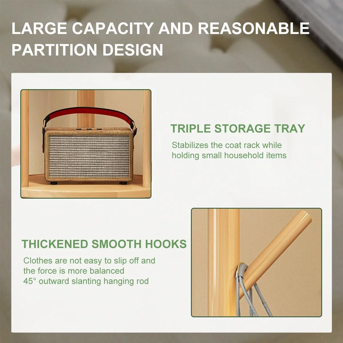 رخت آویز چرخشی، رخت آویز ایستاده با 3 طبقه و 9 قلاب، درخت لباس، پایه رخت آویز محکم و با مونتاژ آسان برای ورودی (طبیعی، 40 x 40 x 165 سانتی متر)