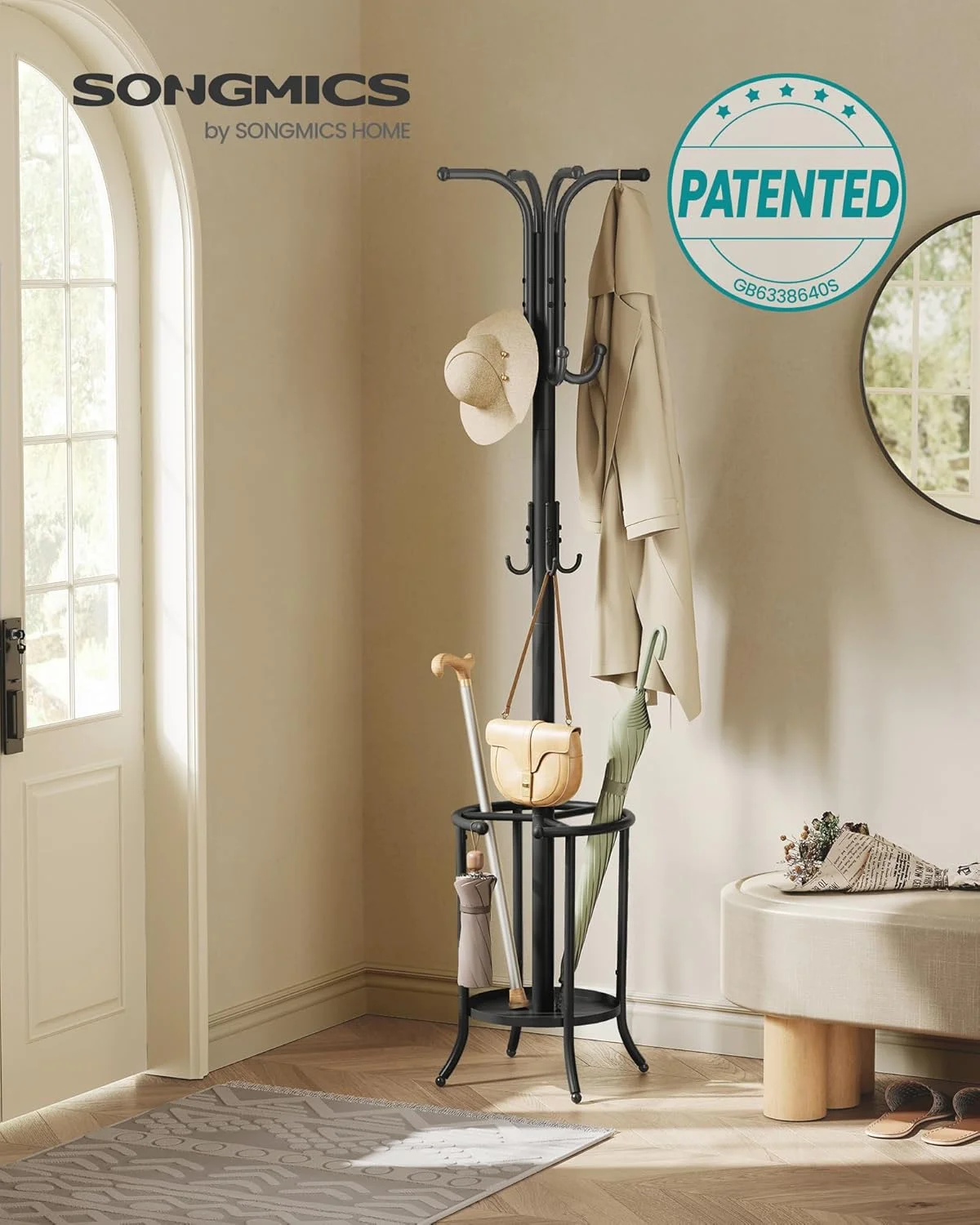 چوب لباسی ایستاده SONGMICS، جالباسی با جا چتری، 12 آویز، فلزی، 175 سانتی متر ارتفاع، برای ورودی، راهرو، اتاق نشیمن، اتاق خواب، مشکی جوهری RCR011B01