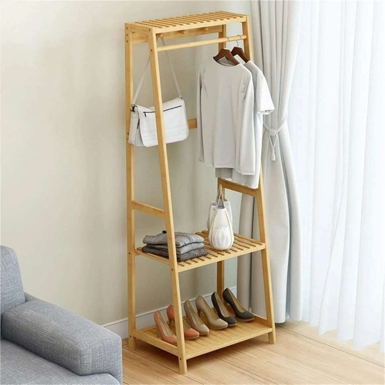 رخت آویز ایستاده زمینی، ریل لباس قابل تنظیم و مقاوم، قفسه لباس تاشو با قلاب برای کفش، کلاه، شال گردن، مناسب برای ورودی (طبیعی - 80 * 43 * 165 سانتی متر)