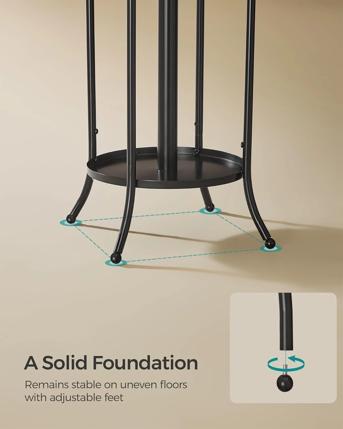 چوب لباسی ایستاده SONGMICS، جالباسی با جا چتری، 12 آویز، فلزی، 175 سانتی متر ارتفاع، برای ورودی، راهرو، اتاق نشیمن، اتاق خواب، مشکی جوهری RCR011B01