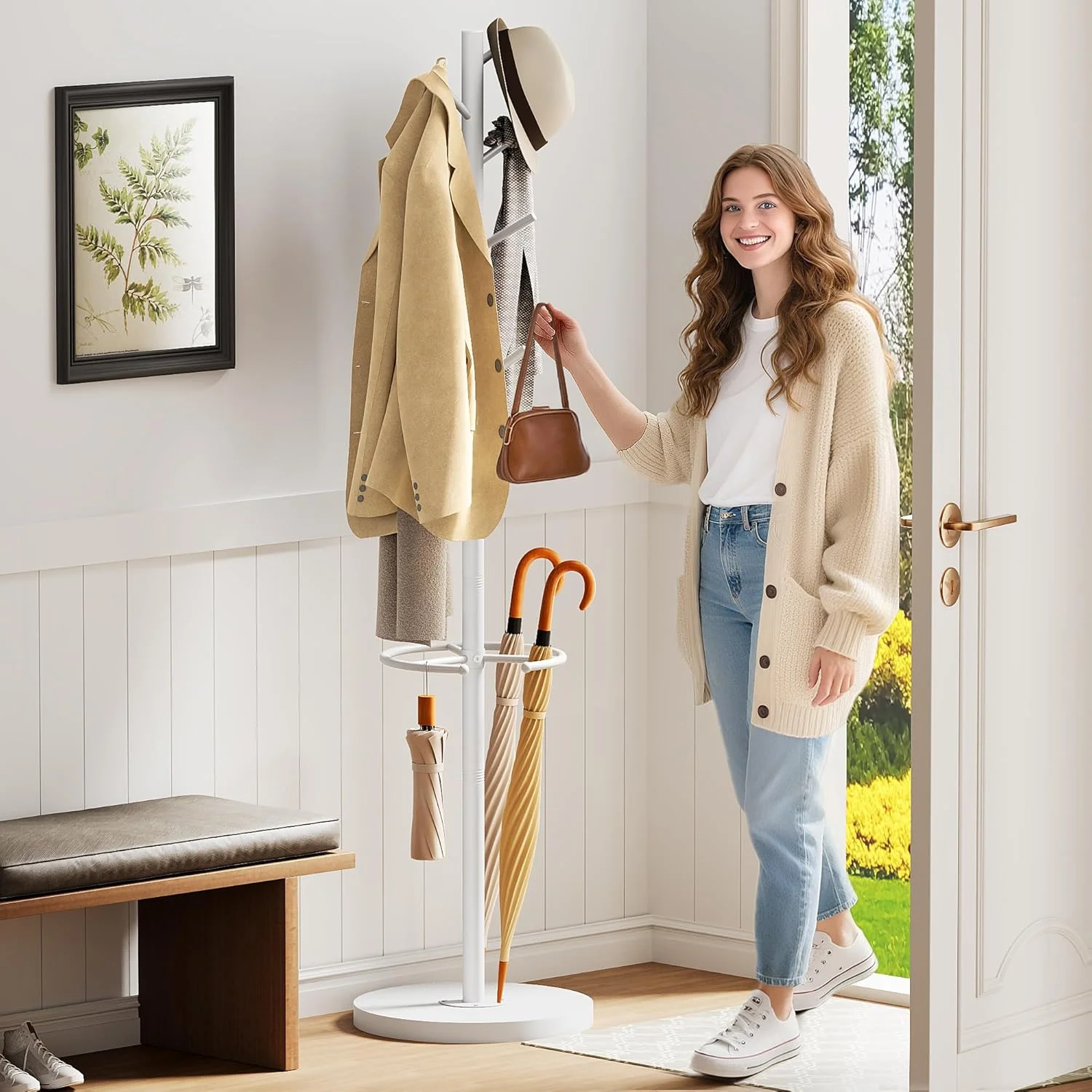 جالباسی ایستاده SLEEPING LAMB با جای چتر، آویز لباس با پایه چوبی مناسب برای ورودی، اتاق نشیمن، اتاق خواب، دفتر، آویز لباس درختی با 8 قلاب برای ژاکت، کلاه، کیف، سفید