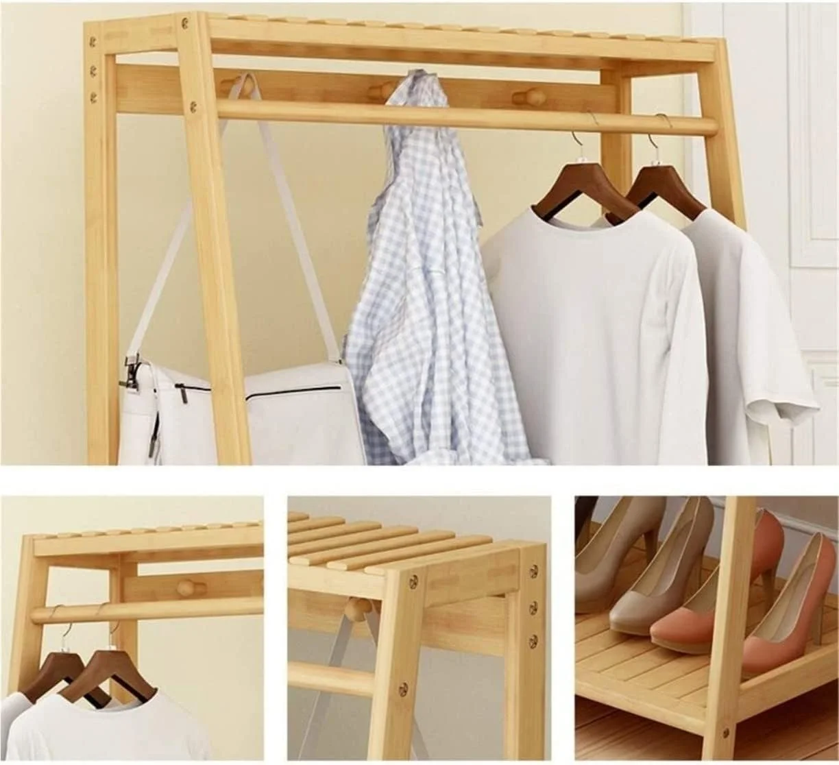 رخت آویز ایستاده زمینی، ریل لباس قابل تنظیم و مقاوم، قفسه لباس تاشو با قلاب برای کفش، کلاه، شال گردن، مناسب برای ورودی (طبیعی - 80 * 43 * 165 سانتی متر)