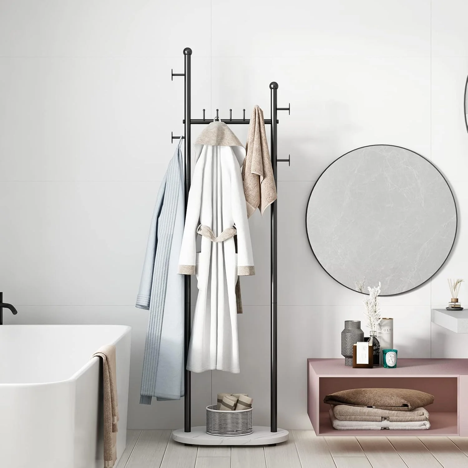 رگال لباس مشکی با قفسه، رخت آویز ایستاده مدرن با پایه مرمری، رگال آویز کت، رگال ایستاده کلاه و کت مناسب بوتیک، اتاق خواب، مشکی رگال لباس مشکی با قفسه، رخت آویز ایستاده مدرن با پایه مرمری، رگال آویز کت، رگال ایستاده کلاه و کت مناسب بوتیک، اتاق خواب، مشکی