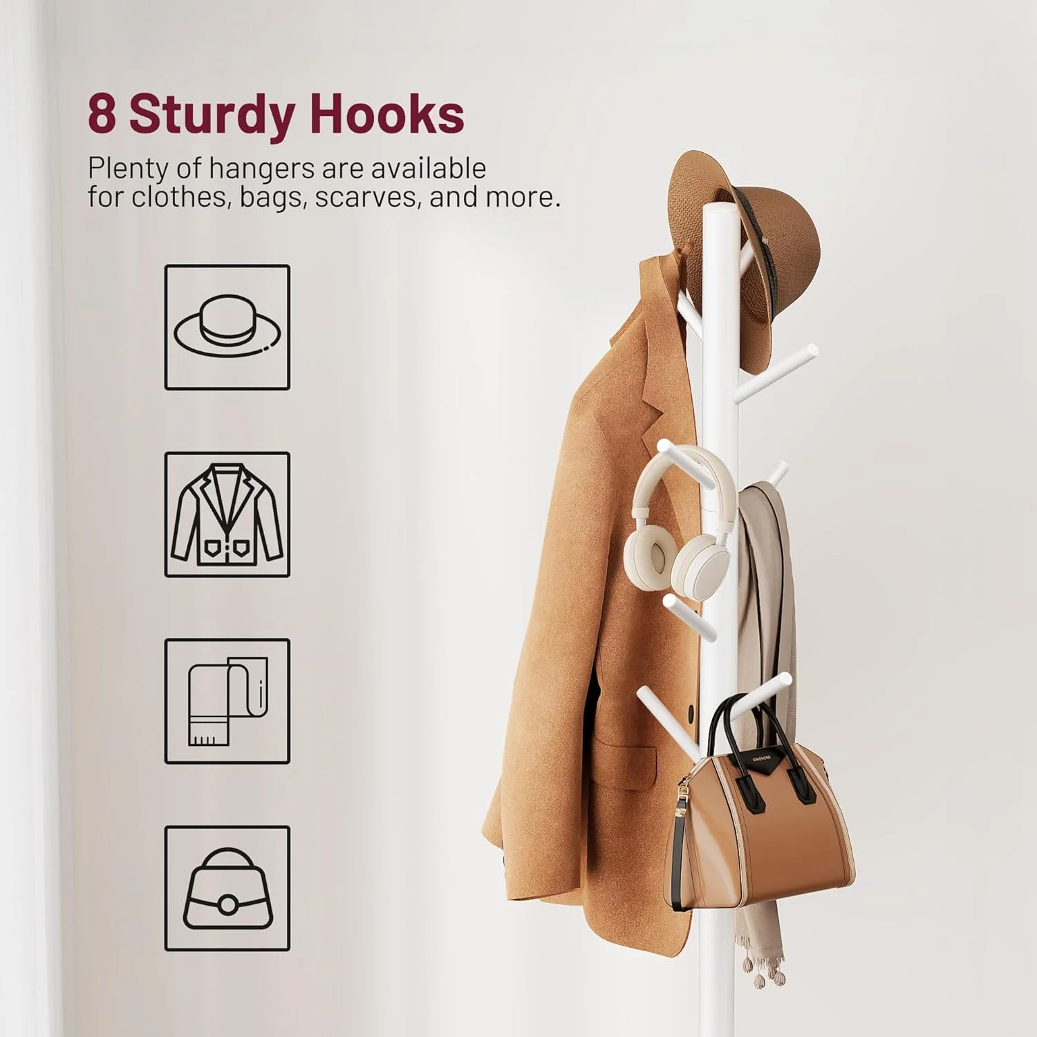 جالباسی ایستاده SLEEPING LAMB با جای چتر، آویز لباس با پایه چوبی مناسب برای ورودی، اتاق نشیمن، اتاق خواب، دفتر، آویز لباس درختی با 8 قلاب برای ژاکت، کلاه، کیف، سفید