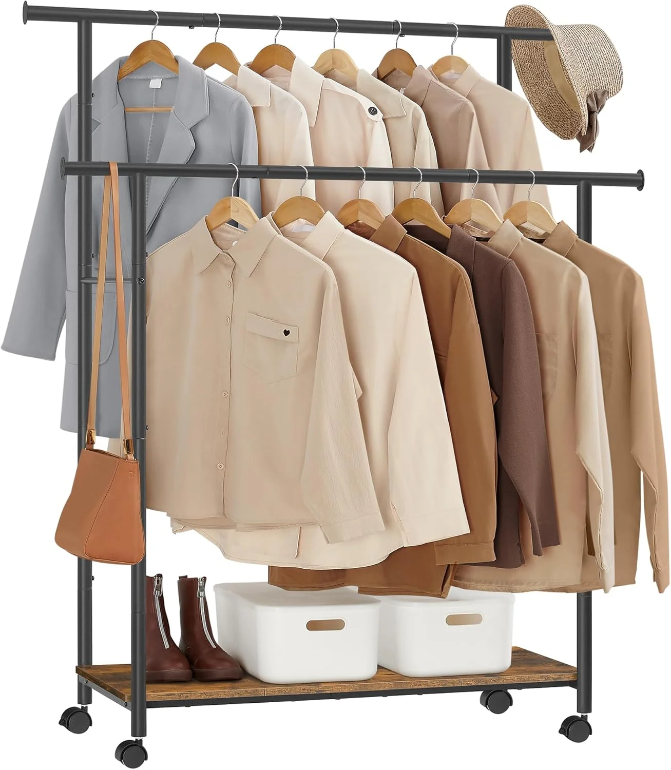 رگال لباس SONGMICS HSR152B01 چرخ دار، رگال لباس دو میله با قفسه، عرض 98.5 سانتی متر، تحمل وزن 100 کیلوگرم، قاب فولادی، قهوه ای روستایی و مشکی رگال لباس SONGMICS HSR152B01 چرخ دار، رگال لباس دو میله با قفسه، عرض 98.5 سانتی متر، تحمل وزن 100 کیلوگرم، قاب فولادی، قهوه ای روستایی و مشکی