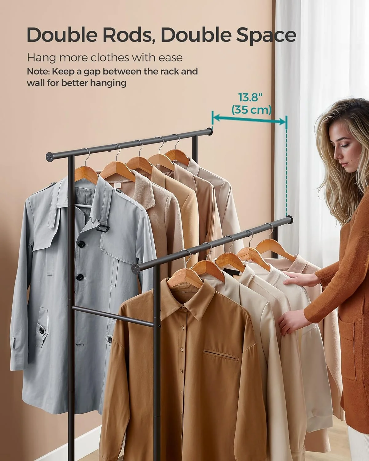 رگال لباس SONGMICS HSR152B01 چرخ دار، رگال لباس دو میله با قفسه، عرض 98.5 سانتی متر، تحمل وزن 100 کیلوگرم، قاب فولادی، قهوه ای روستایی و مشکی رگال لباس SONGMICS HSR152B01 چرخ دار، رگال لباس دو میله با قفسه، عرض 98.5 سانتی متر، تحمل وزن 100 کیلوگرم، قاب فولادی، قهوه ای روستایی و مشکی