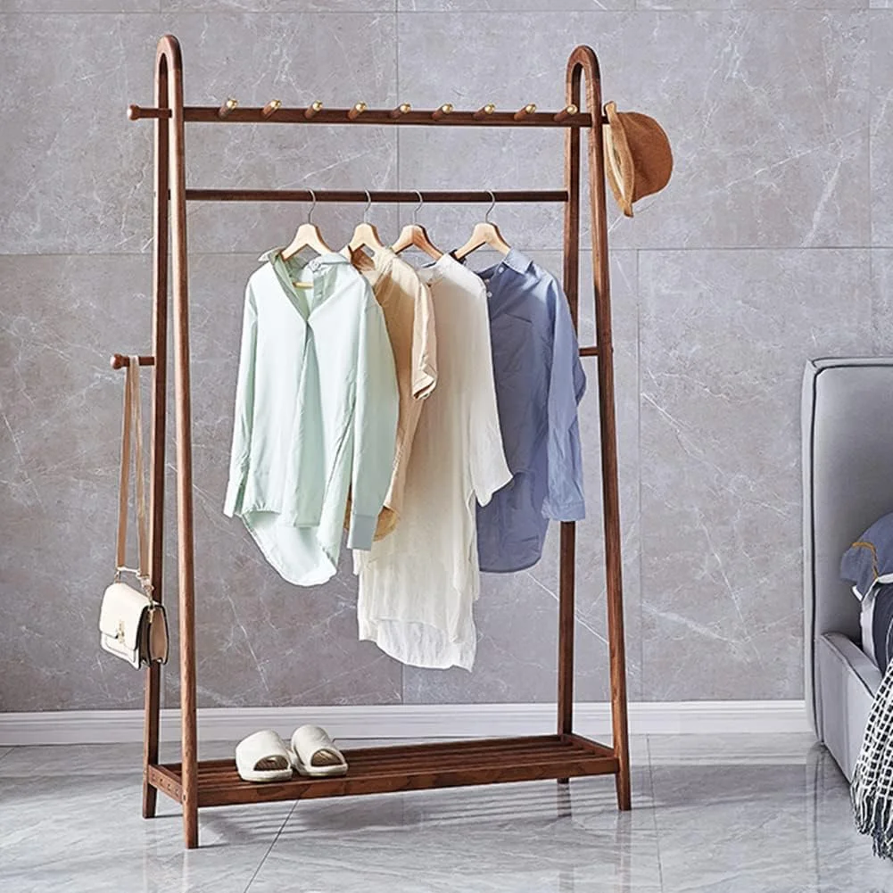 جالباسی ایستاده چوبی با طراحی کم‌جا، مناسب لباس‌های سنگین با قفسه‌های نگهداری، دارای 11 آویز برای لباس، کفش، کلاه، کیف، مناسب برای ورودی منزل (قهوه‌ای - 170 * 100 * 40 سانتی‌متر)