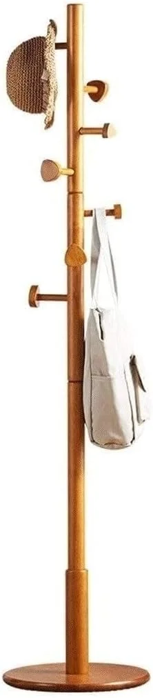 جالباسی ایستاده چوبی با طراحی کم‌جا و ۷ آویز، مناسب برای ورودی منزل، به همراه پایه گرد برای نگهداری کلاه، لباس، کیف پول، شال، کیف دستی و سایر وسایل (تک رنگ - ۳۸ * ۱۷۵ سانتی‌متر)
