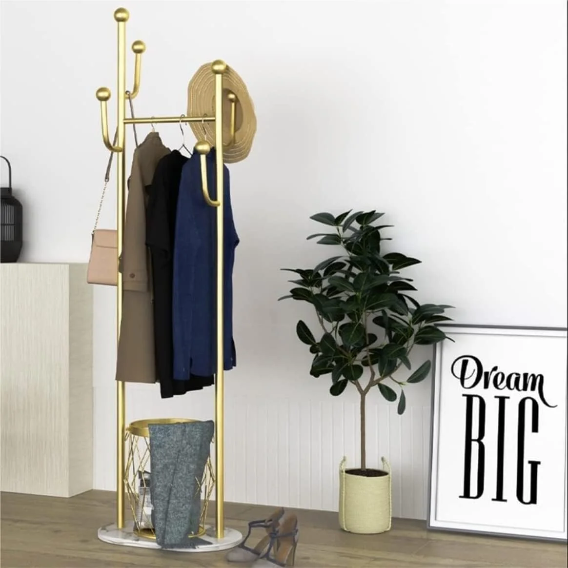 رخت آویز ایستاده فلزی صرفه جویی در فضا، مناسب برای اتاق خواب، دفتر، راهرو، ورودی (طلایی - 50 * 33 * 170 سانتی متر)