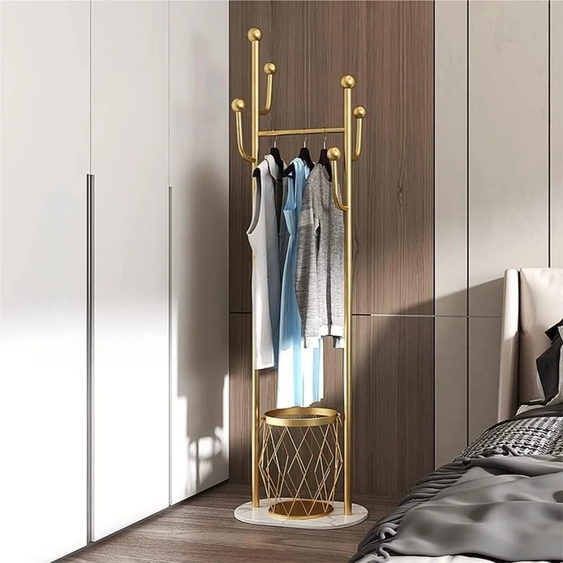 رخت آویز ایستاده فلزی صرفه جویی در فضا، مناسب برای اتاق خواب، دفتر، راهرو، ورودی (طلایی - 50 * 33 * 170 سانتی متر) رخت آویز ایستاده فلزی صرفه جویی در فضا، مناسب برای اتاق خواب، دفتر، راهرو، ورودی (طلایی - 50 * 33 * 170 سانتی متر)