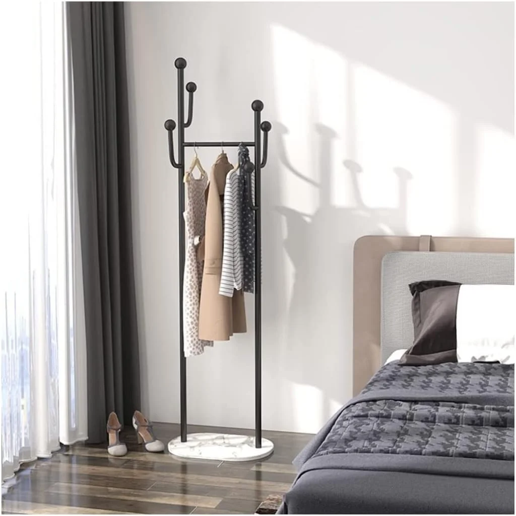 رخت آویز ایستاده فلزی کم جا، مناسب برای کلاه و لباس، قفسه ایستاده برای اتاق خواب، اداره، راهرو و ورودی (مشکی - 170 * 50 * 33 سانتی متر)