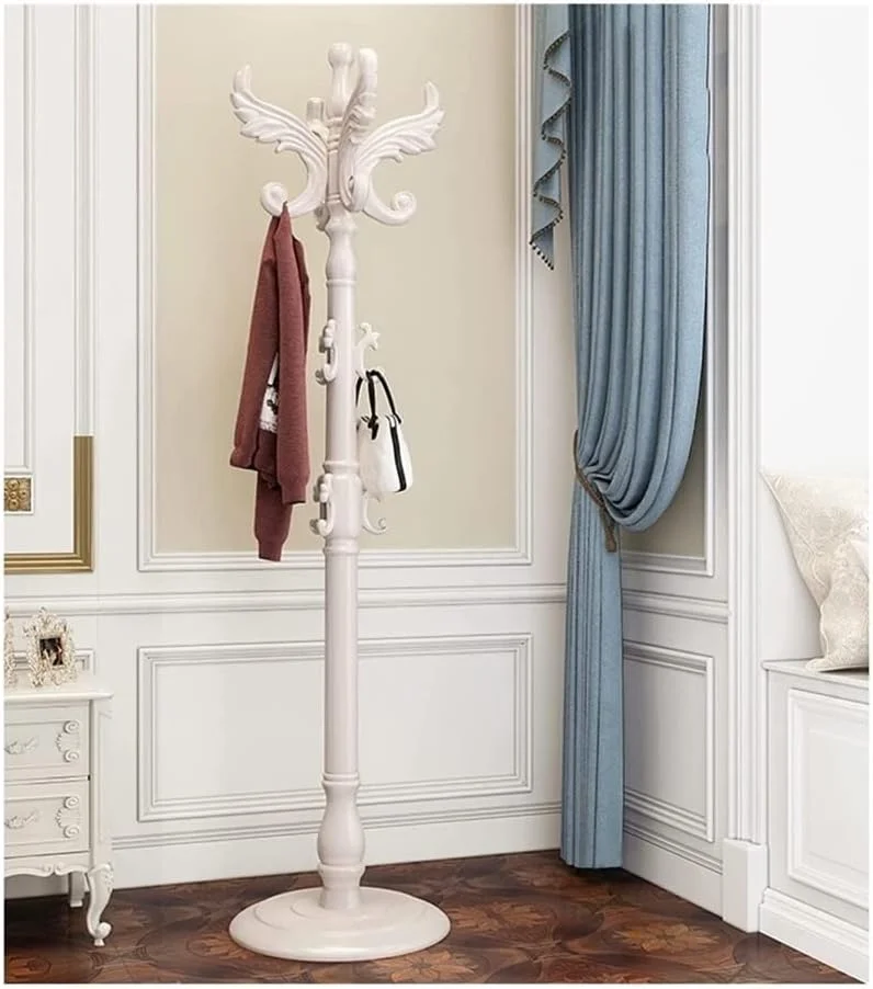 جالباسی ایستاده با طراحی اروپایی، مناسب برای کلاه، پالتو و شال، به همراه قلاب و بدنه چوبی، مناسب برای ورودی منزل (سفید - 42 * 42 * 182 سانتی متر)